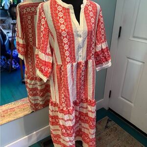Fig and Flower Brand Red & White Printed Boho Tiered Midi Dress